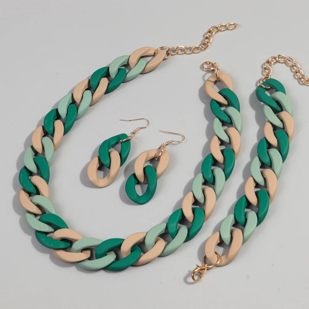 Beige Green Acrylic Colorful Chunky Necklace Set