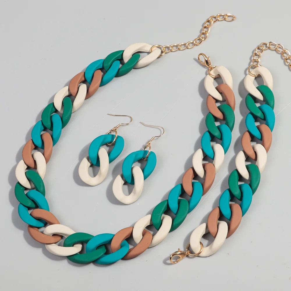 White Brown Green Acrylic Colorful Chunky Necklace Set