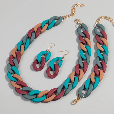 Red Grey Blue Acrylic Colorful Chunky Necklace Set