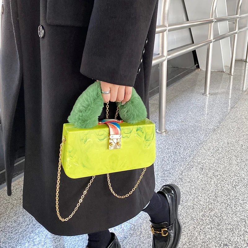 Yellow Green Acrylic Faux Fur Shoulder Bag