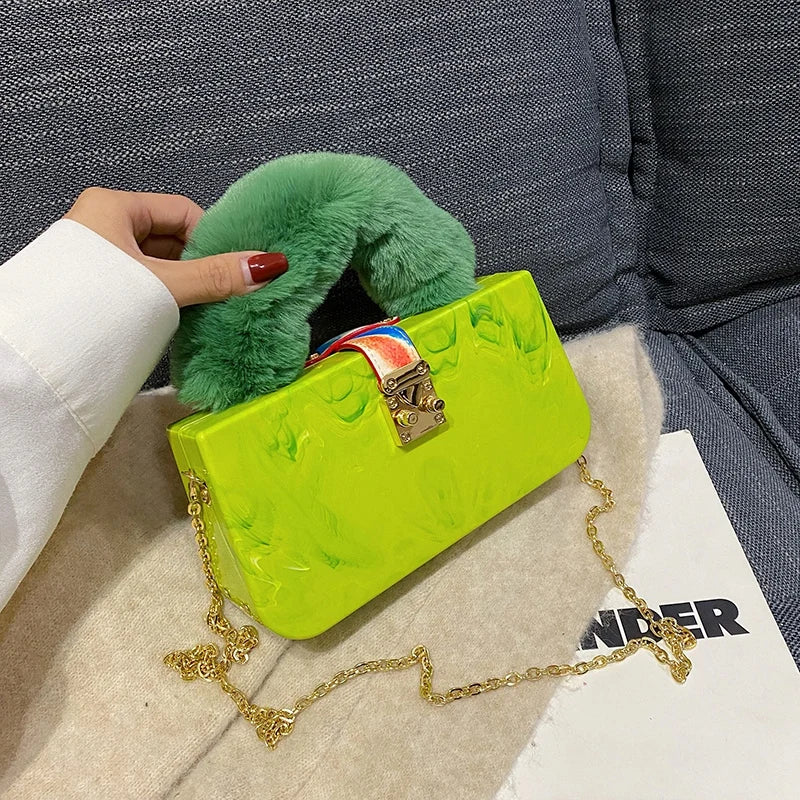 Green Yellow Acrylic Faux Fur Shoulder Bag