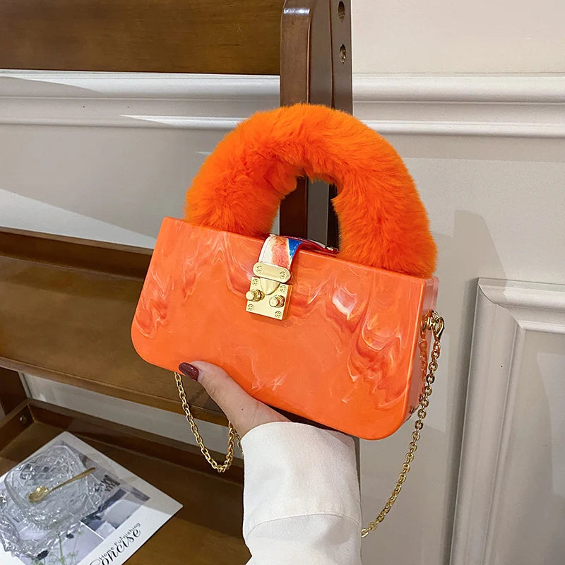 Orange Acrylic Faux Fur Shoulder Bag