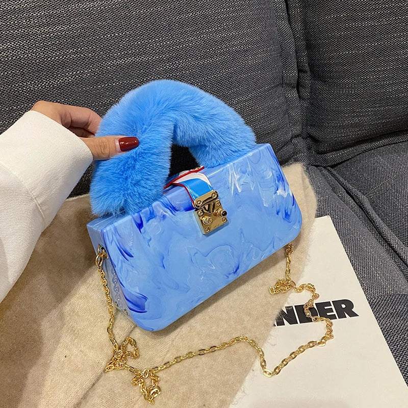 Blue Acrylic Faux Fur Shoulder Bag