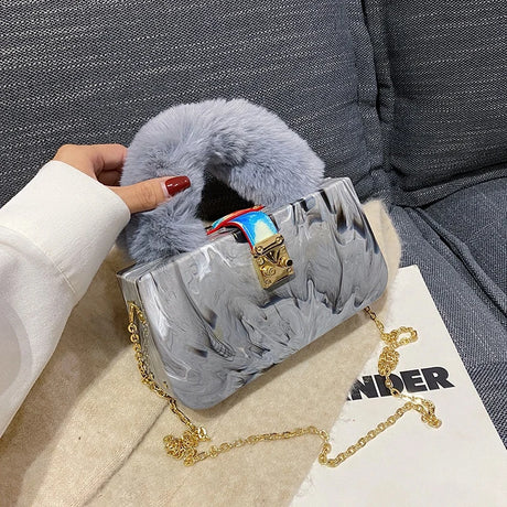 Gray Acrylic Faux Fur Shoulder Bag