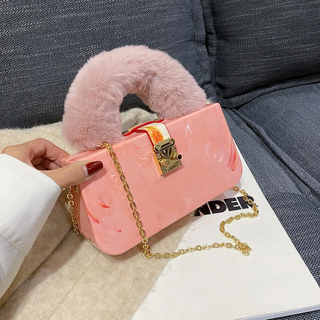 Pink Acrylic Faux Fur Shoulder Bag