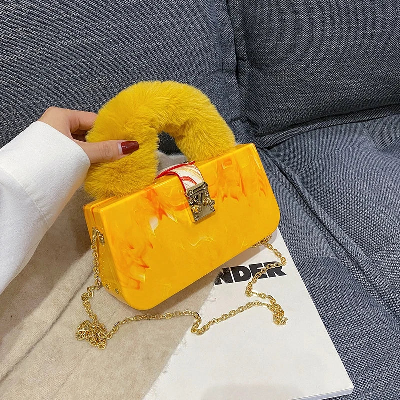 Yellow Acrylic Faux Fur Shoulder Bag