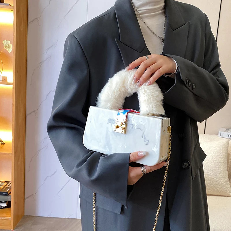 White Acrylic Faux Fur Shoulder Bag