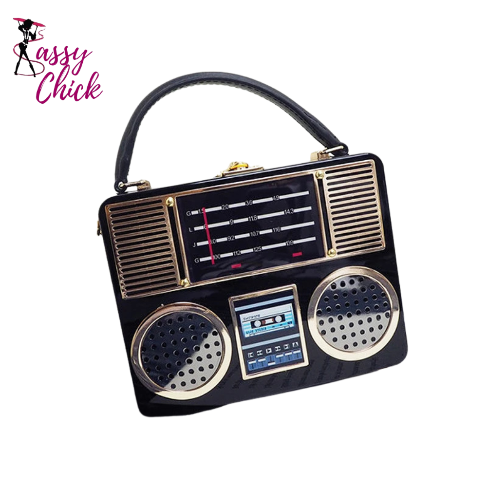 Acrylic Radio Bag Box Shaped Purse Sassy chick Logo
