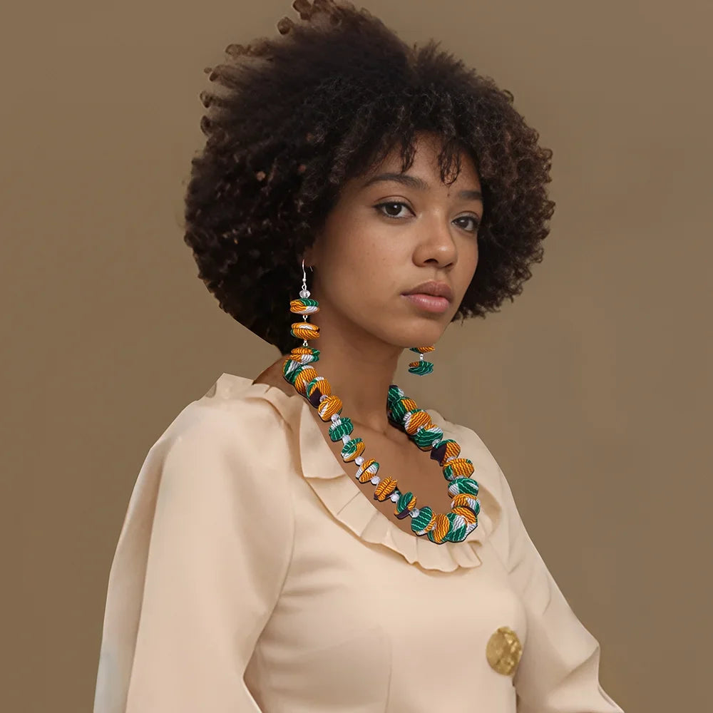 model using African Buttons Necklaces and Earrings Handmade Jewelry