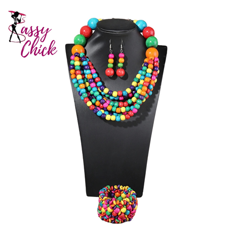 African Multi-layer Wooden Beads Necklace Earrings Jewelry Sets Sassy Chick Logo