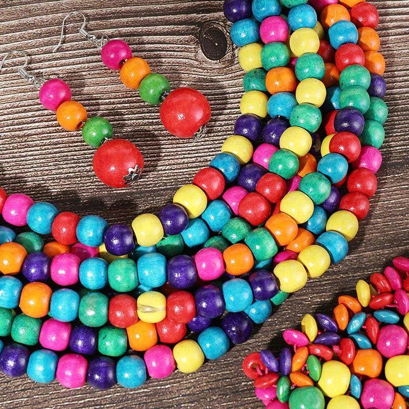 African Multi-layer Wooden Beads Necklace Earrings Jewelry Sets 