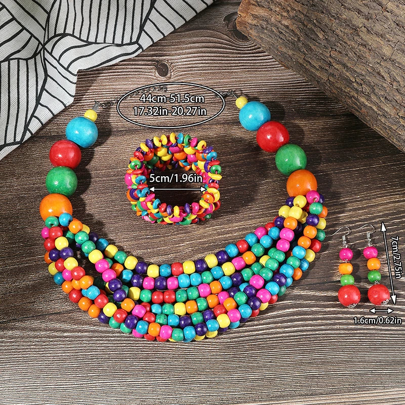 African Multi-layer Wooden Beads Necklace Earrings Jewelry Sets size