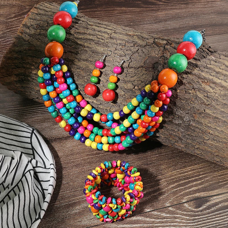 African Multi-layer Wooden Beads Necklace Earrings Jewelry Sets 