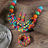 African Multi-layer Wooden Beads Necklace Earrings Jewelry Sets 