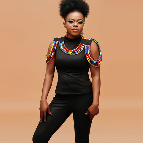 Model using African Printed Fabric Tassel Necklace