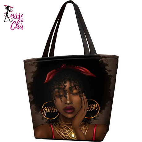 African Queens Face Printed Tote Bags Sassy Chick Logo