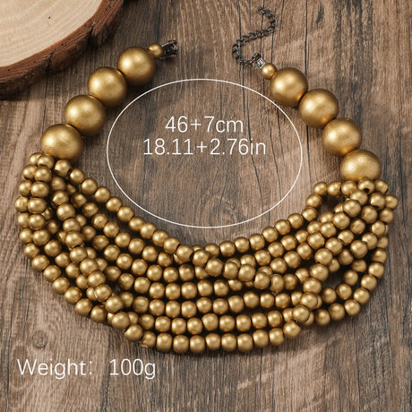 African Style Bohemian Multi-layer Wooden Beaded Bib Necklace Gold Size