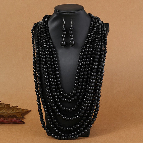 Black African Style Multi-Layer Wooden Bead Jewelry Set 