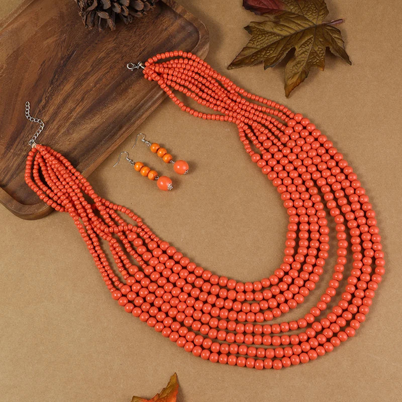 Orange African Style Multi-Layer Wooden Bead Jewelry Set