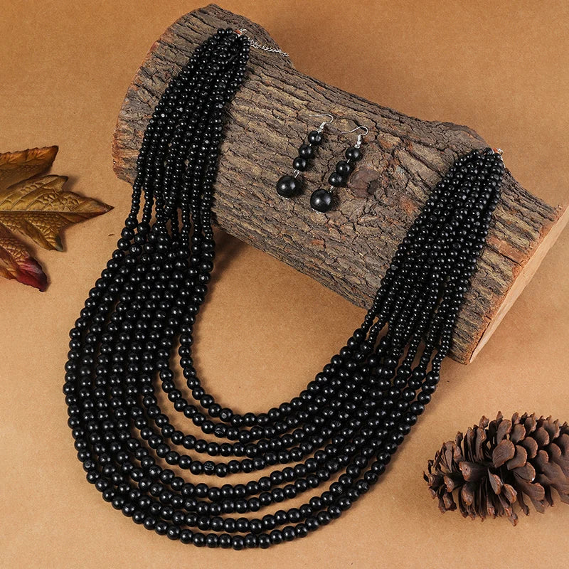 Black African Style Multi-Layer Wooden Bead Jewelry Set