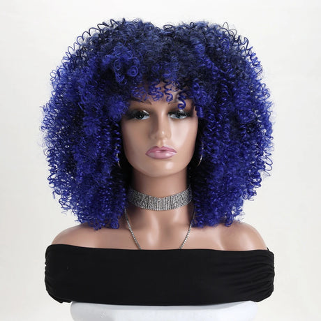 Afro Kinky Curly 16 Inch With Bangs Soft Fluffy Synthetic Fiber Wigs