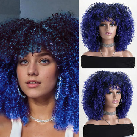 Afro Kinky Curly 16 Inch With Bangs Soft Fluffy Synthetic Fiber Wigs