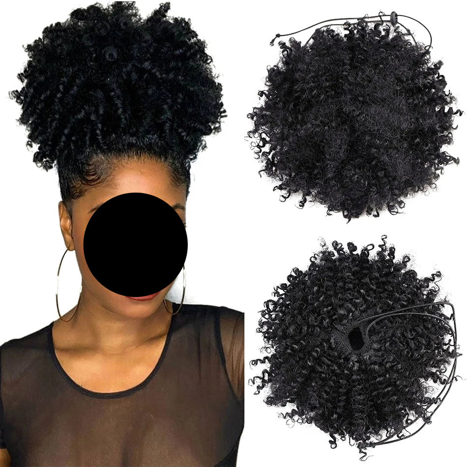 Afro Puff Curly Hair Buns Ponytail Synthetic Wig black