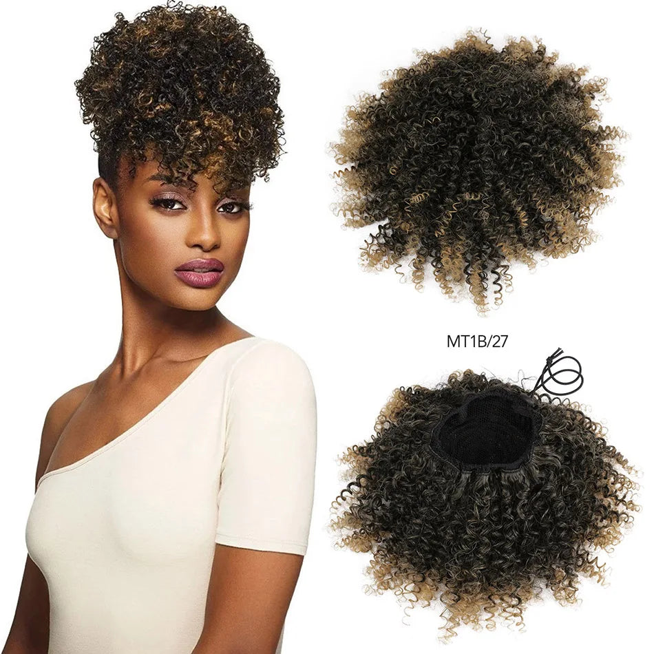 Afro Puff Curly Hair Buns Ponytail Synthetic Wig black brown