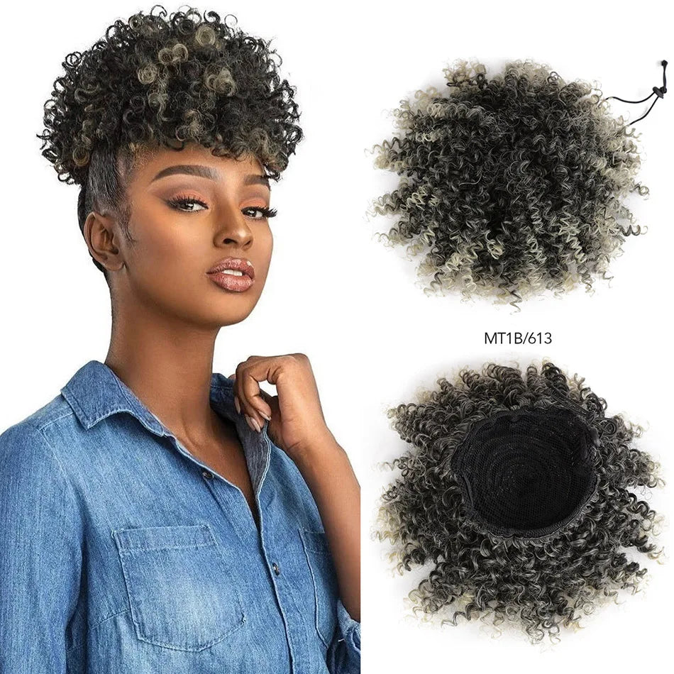 Afro Puff Curly Hair Buns Ponytail Synthetic Wig black white
