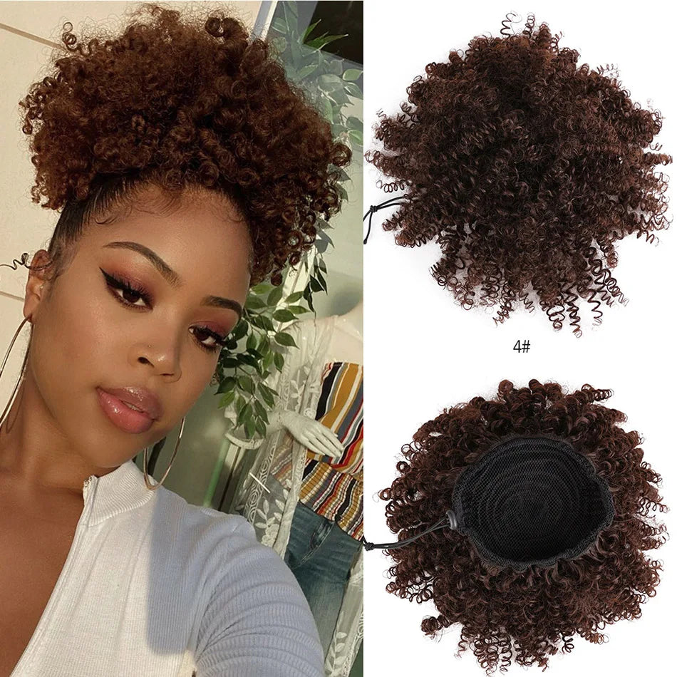 Afro Puff Curly Hair Buns Ponytail Synthetic Wig red