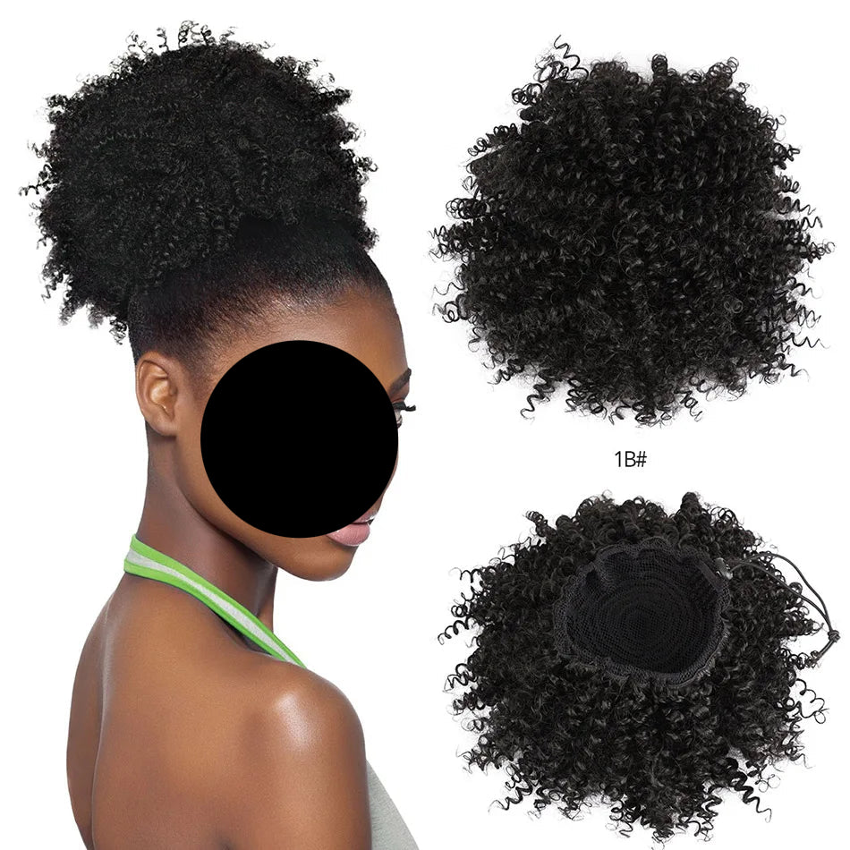 Afro Puff Curly Hair Buns Ponytail Synthetic Wig black