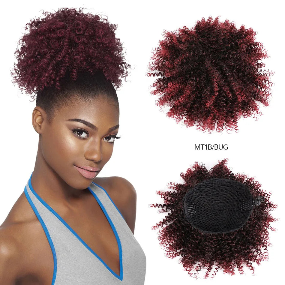 Afro Puff Curly Hair Buns Ponytail Synthetic Wig red