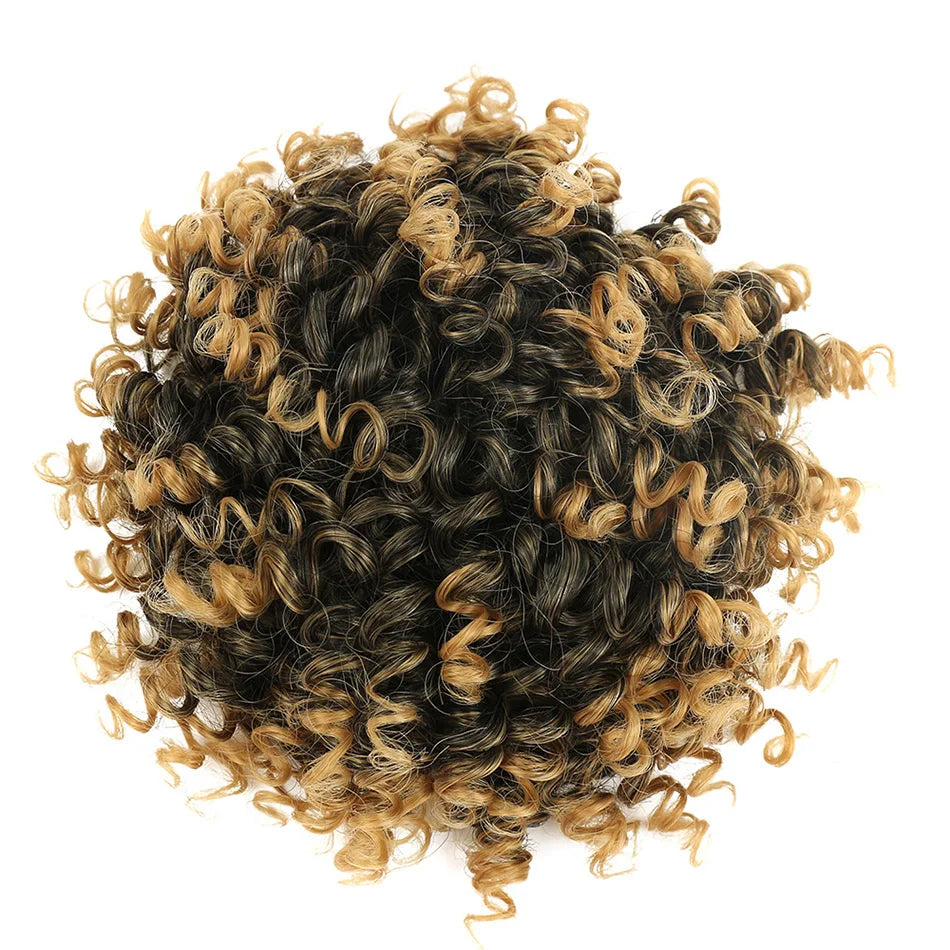 Afro Puff Curly Hair Buns Ponytail Synthetic Wig black blonde