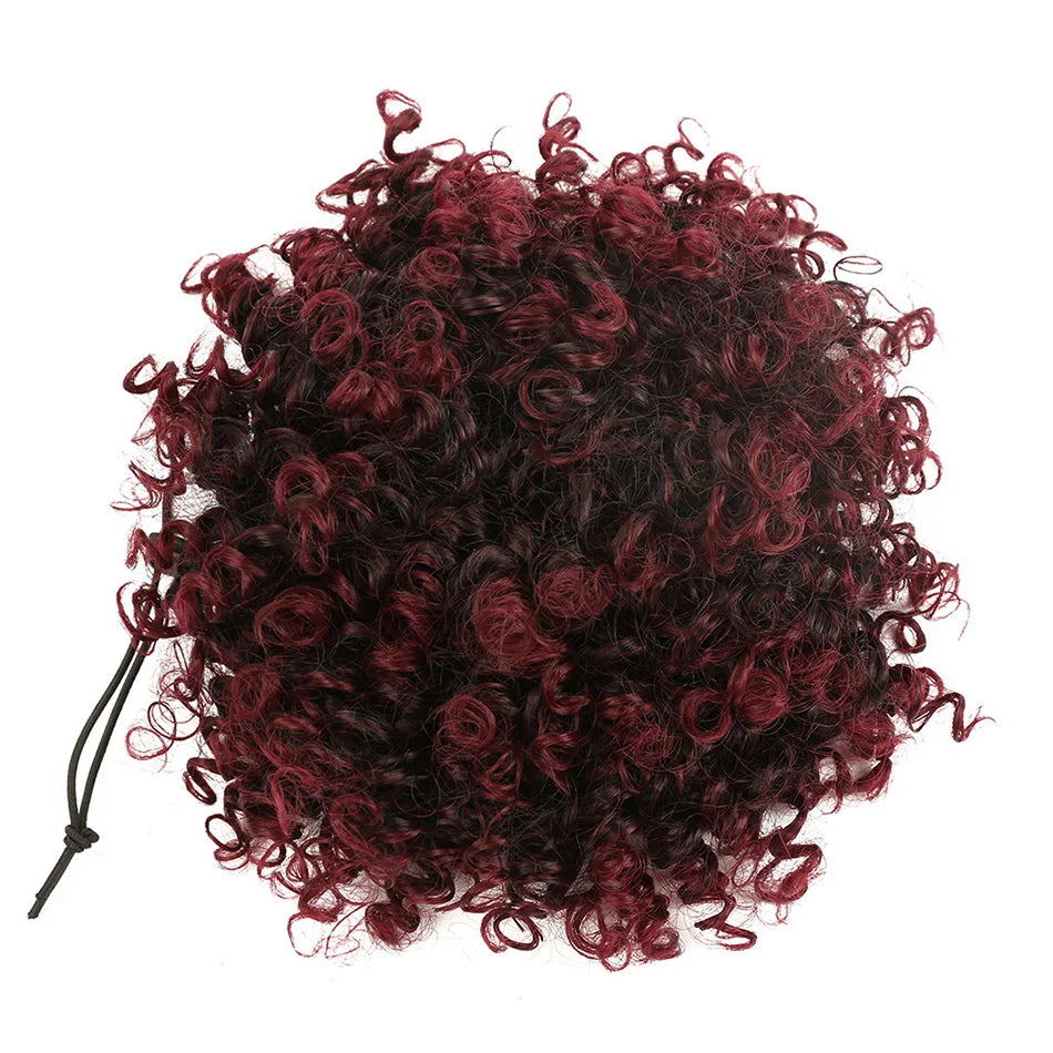 Afro Puff Curly Hair Buns Ponytail Synthetic Wig red black