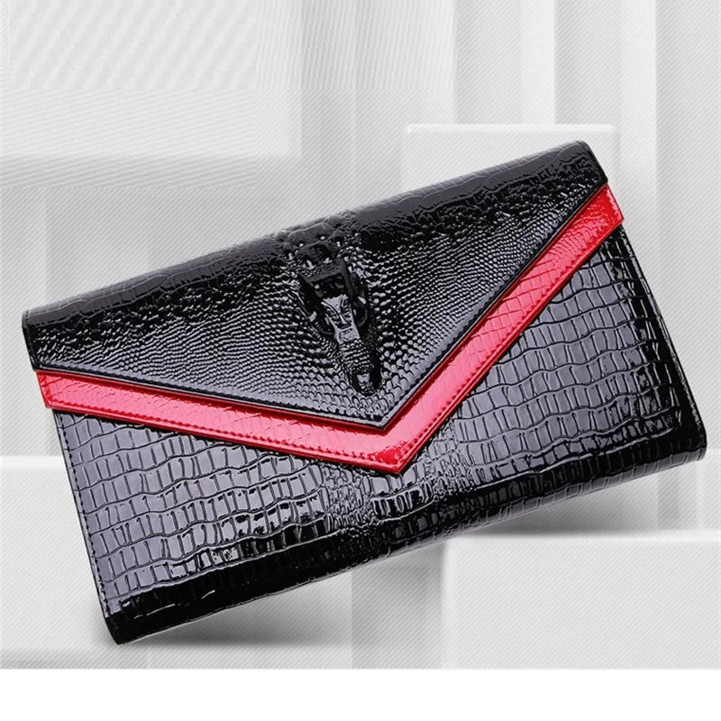 Alligator Pattern Leather Clutch Bag black red front view