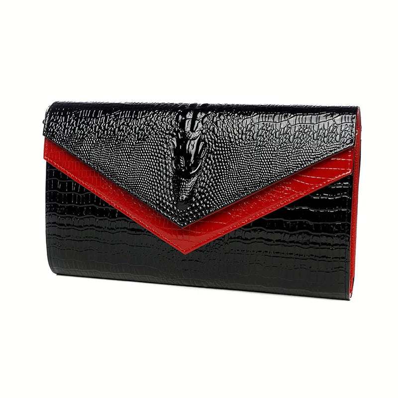 Alligator Pattern Leather Clutch Bag black red front view