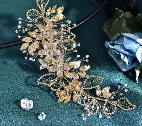 Gold Alloy Flower Headdress Shining Rhinestone Bridal Headband