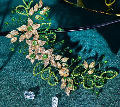 Green Alloy Flower Headdress Shining Rhinestone Bridal Headband