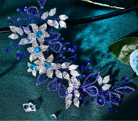 Blue Alloy Flower Headdress Shining Rhinestone Bridal Headband