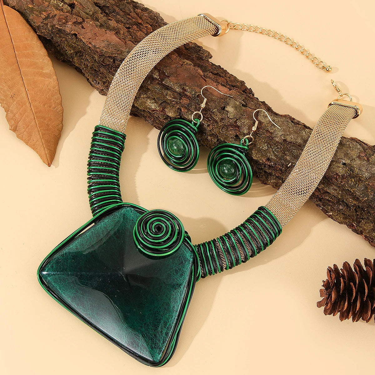 Green Aluminum Woven Geometric Square Big Resin Jewelry Set