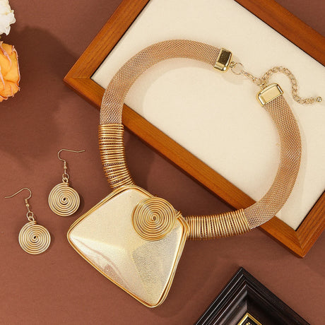 Gold Aluminum Woven Geometric Square Big Resin Jewelry Set