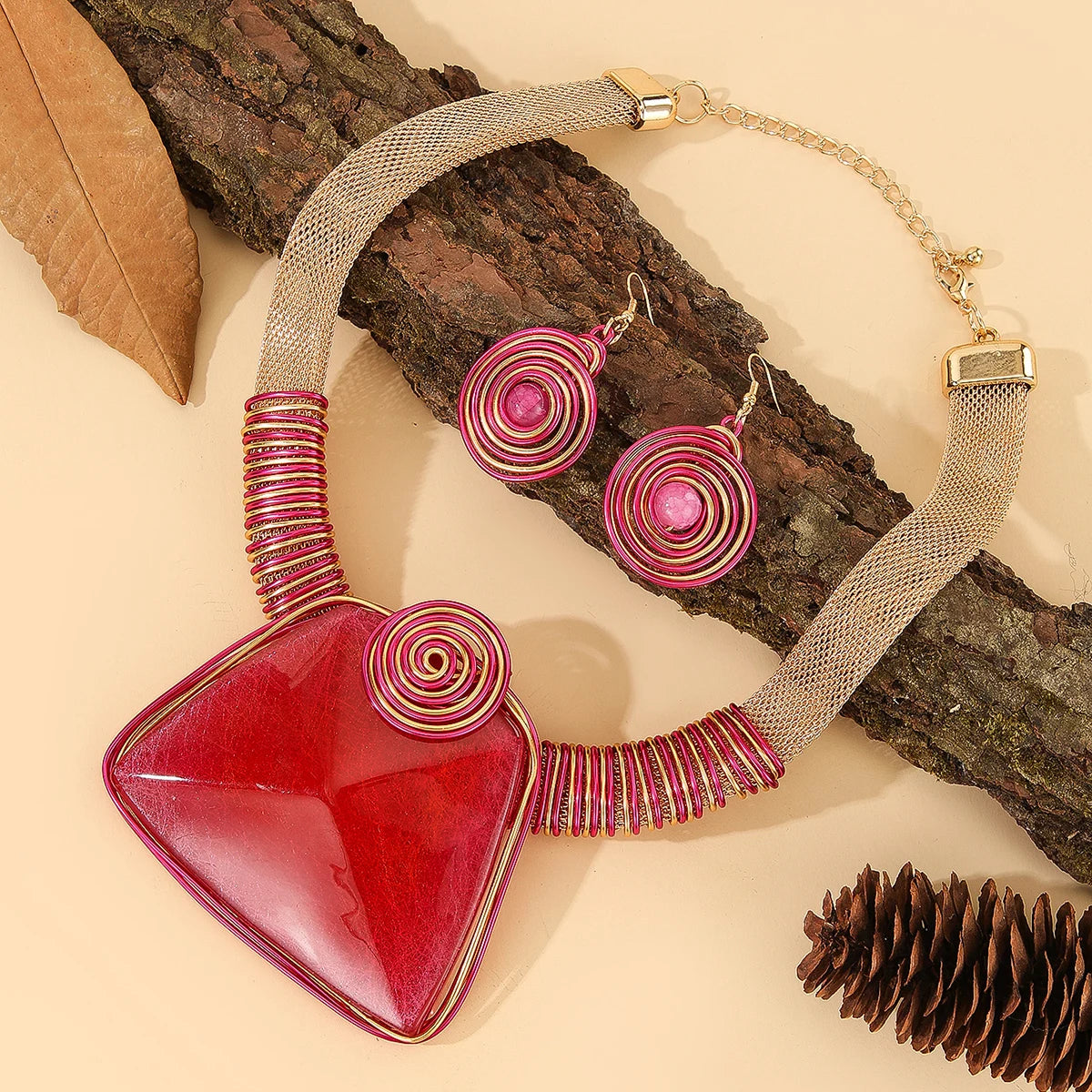 Red Aluminum Woven Geometric Square Big Resin Jewelry Set