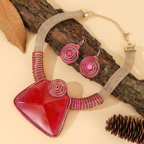 Red Aluminum Woven Geometric Square Big Resin Jewelry Set