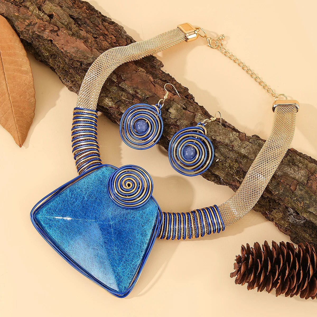 Blue Aluminum Woven Geometric Square Big Resin Jewelry Set