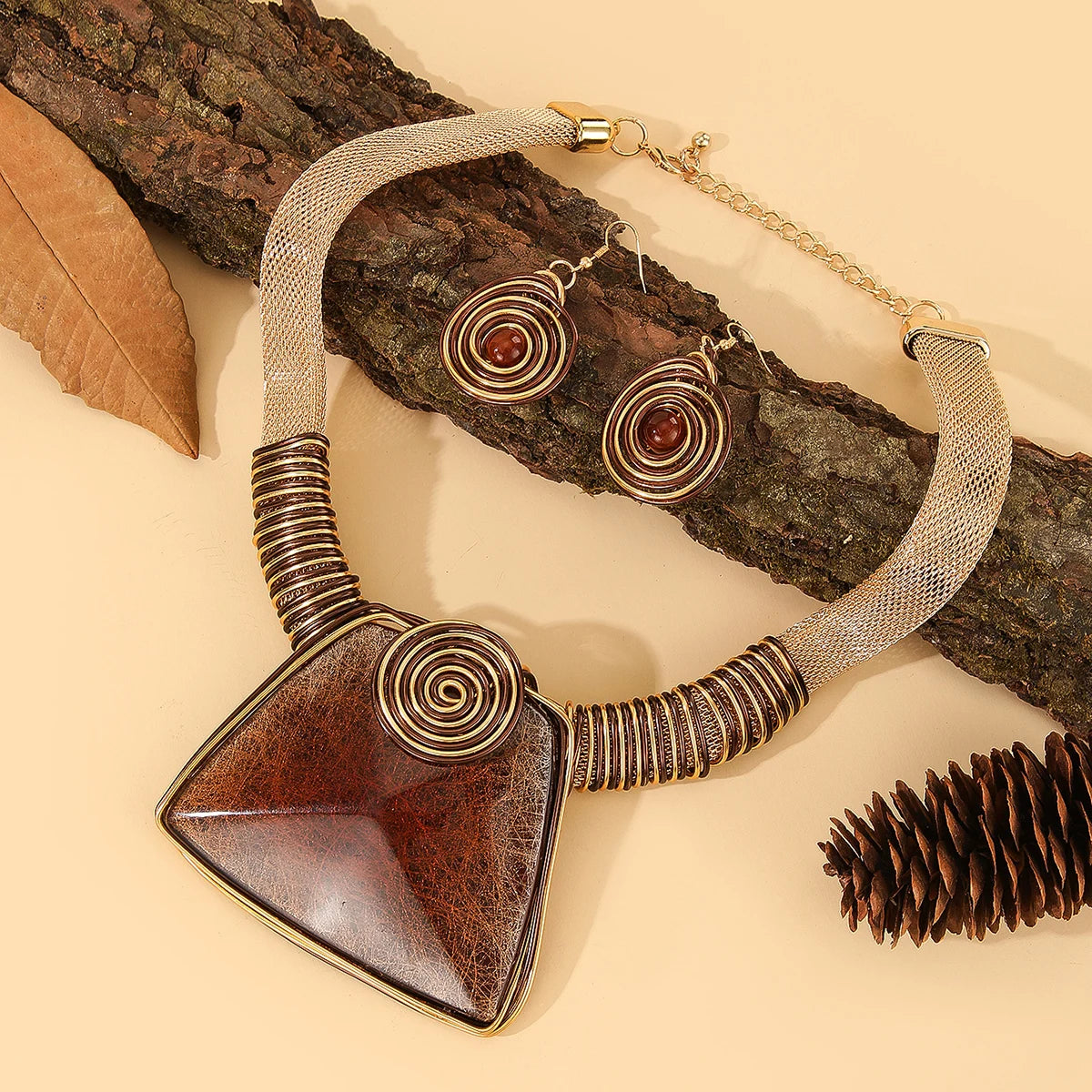 Brown Aluminum Woven Geometric Square Big Resin Jewelry Set