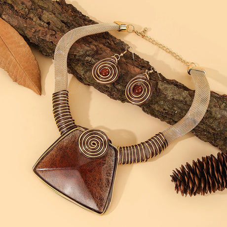 Brown Aluminum Woven Geometric Square Big Resin Jewelry Set