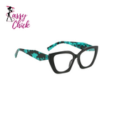 blue black reading glasses sassy chick logo