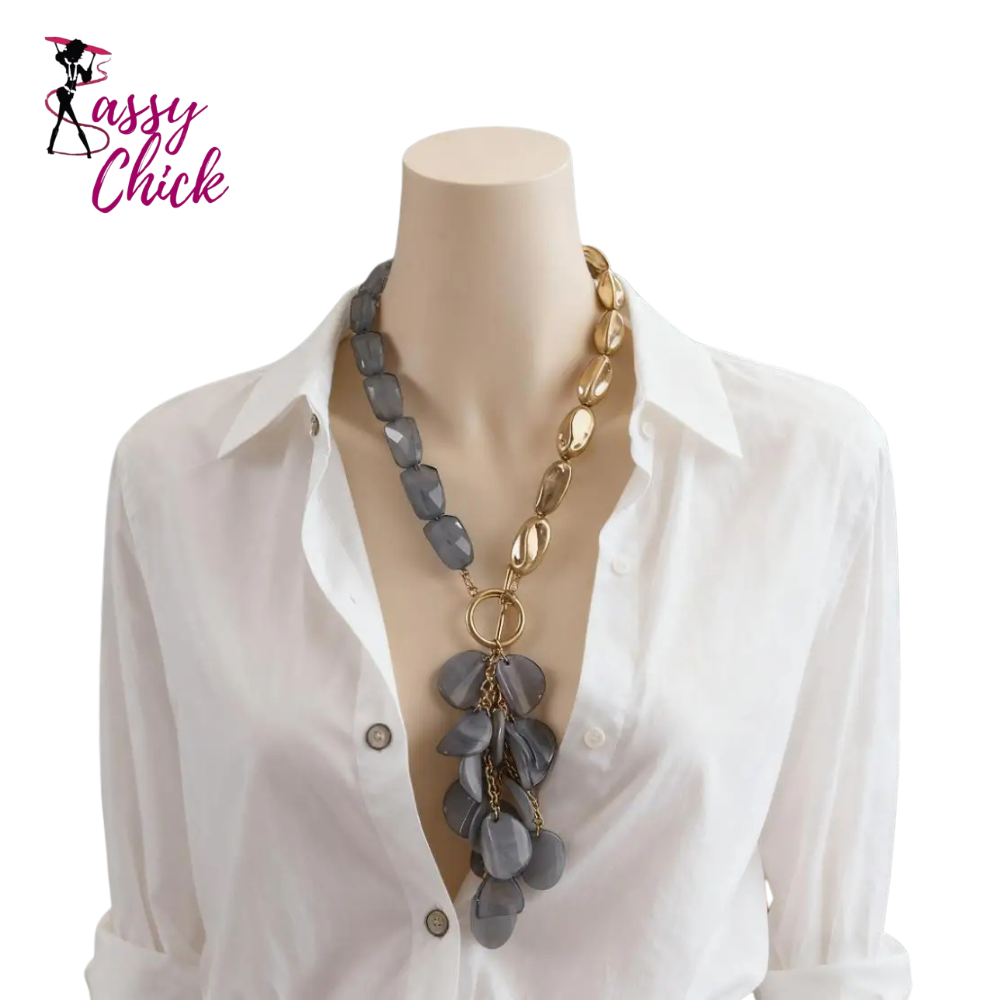 Asymmetric Gold Tone Gray Beaded Tassel Statement Necklace Sassy Chick Logo