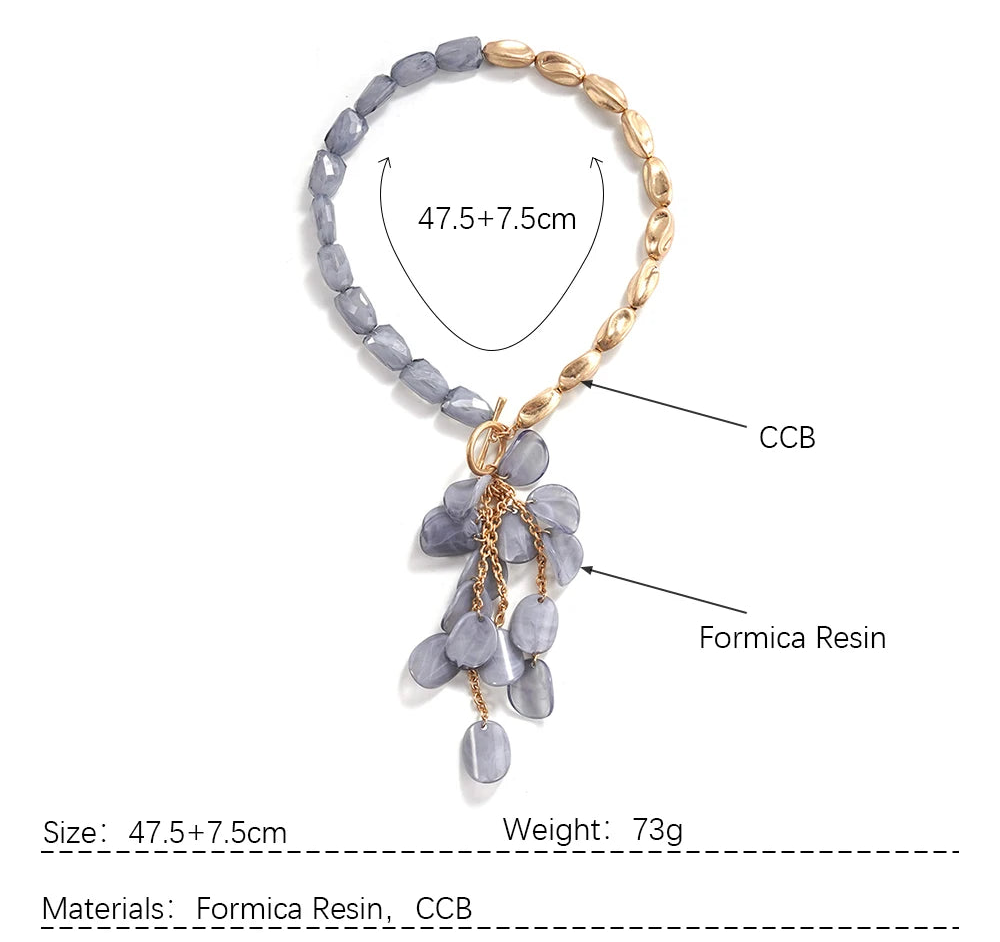 Size of Asymmetric Gold Tone Gray Beaded Tassel Statement Necklace