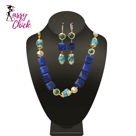 Baroque Turquoise Lapis Lazuli Necklace Earring Sassy Chick Logo